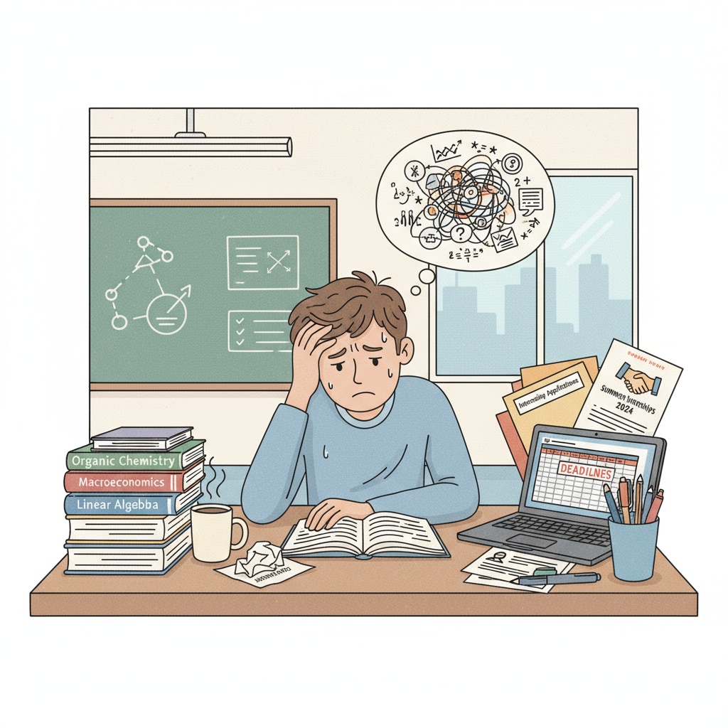 A student sitting at a desk, with books on one side and internship-related documents on the other, looking a bit stressed A K12 student struggling with internship workload and academic balance