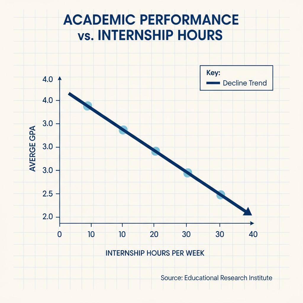 A graph showing the decline in academic performance as internship hours increase Graph depicting the impact of internship workload on academic balance