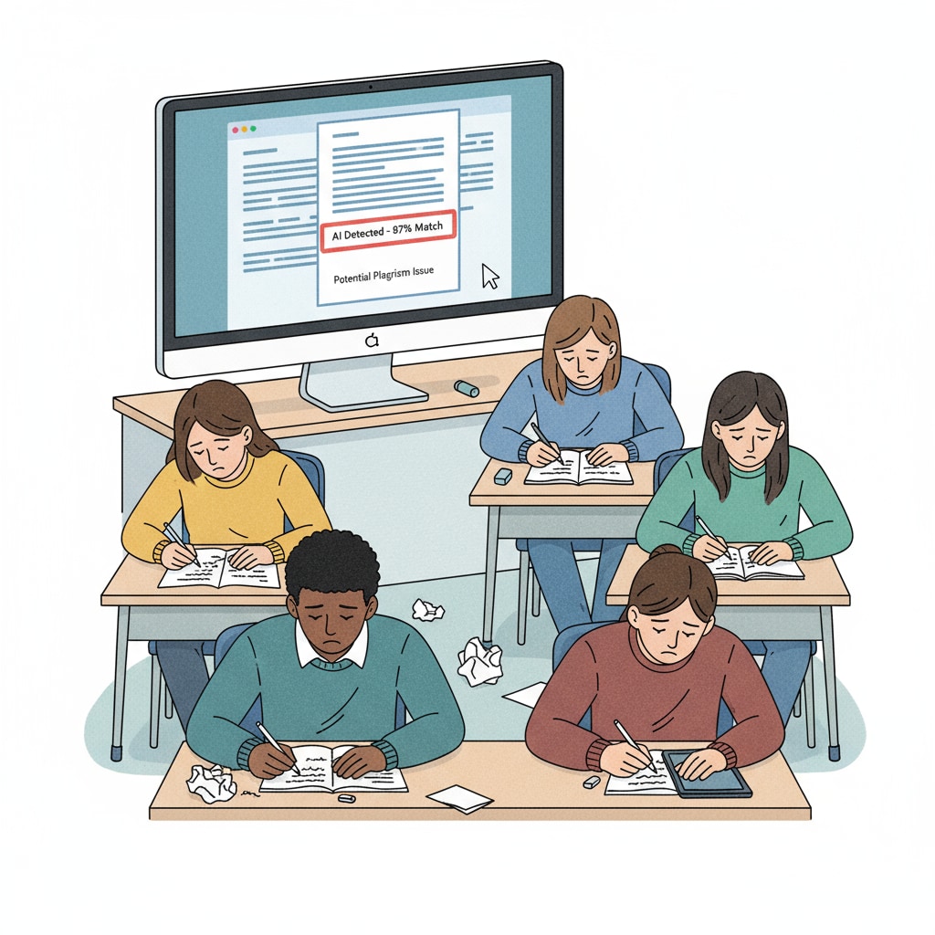 A group of high school students are seen looking disappointed while writing essays. On a computer screen in the background, an AI detection tool's interface is visible, with some text highlighted as if it's a potential plagiarism issue. High school students frustrated due to AI detection in creative writing
