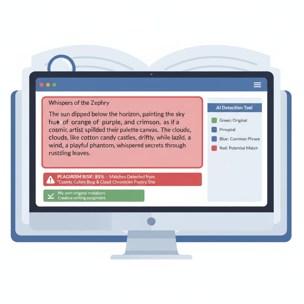 A screenshot of an AI detection tool shows a section of a student's essay being marked as potentially plagiarized. However, it's actually just a creative use of language. AI detection tool wrongly flagging creative writing as plagiarism
