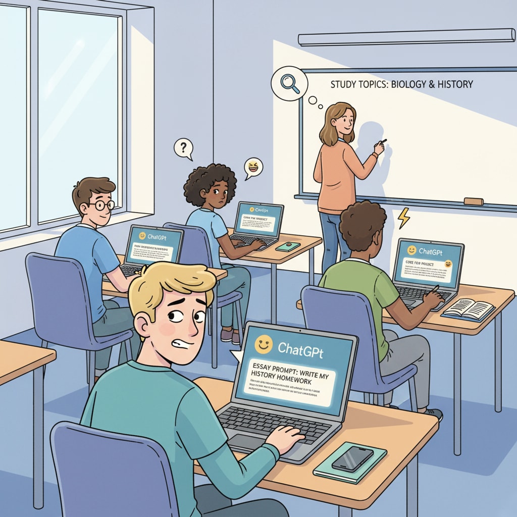 Students in a classroom using laptops, some might be using ChatGPT for improper purposes during study time. Students potentially cheating with ChatGPT during study in a classroom
