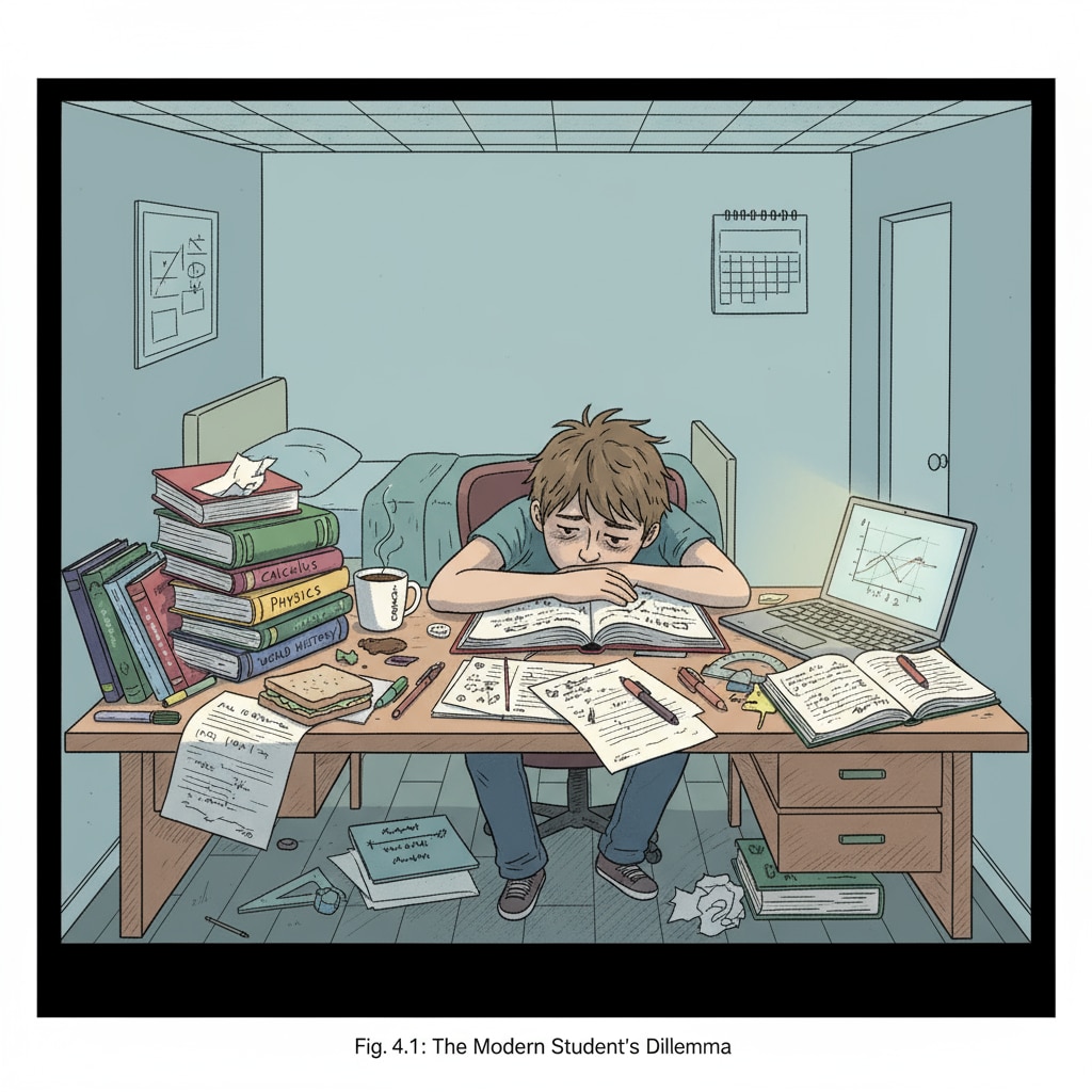 A young student looking exhausted while sitting at a study desk full of homework materials. A tired child doing homework, highlighting the potential negative impact on free time