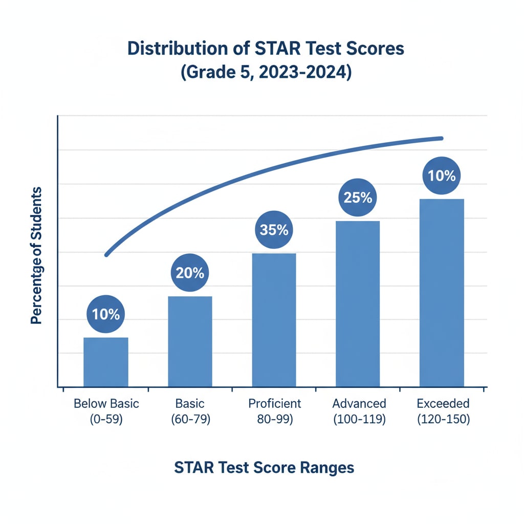 A graph showing the distribution of STAR test scores among students, with different score ranges and the percentage of students in each range. STAR test score distribution graph for student assessment