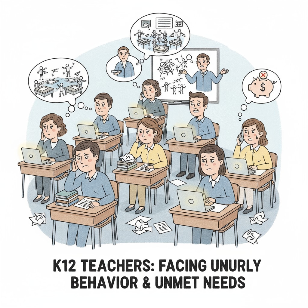 A group of K12 teachers looking stressed in a classroom. The teachers are sitting at their desks, looking tired and worried, indicating the challenges they face in dealing with student behavior issues and lack of support. K12 teachers experiencing stress due to student behavioral issues and lack of support