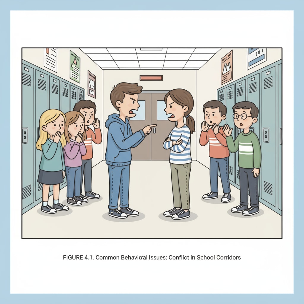 Students having a conflict in the school corridor. Two students are arguing, with other students looking on. This shows the kind of behavioral issues that teachers often have to deal with. Students in conflict, representing behavioral issues that cause professional frustration for K12 teachers due to lack of support