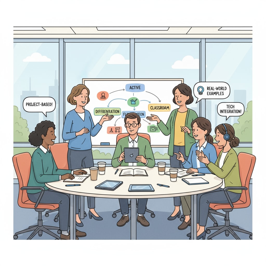 A group of educators are engaged in a lively discussion during a teaching methods seminar, sharing ideas and experiences. Educators discussing teaching methods in a seminar related to graduate programs and curriculum design