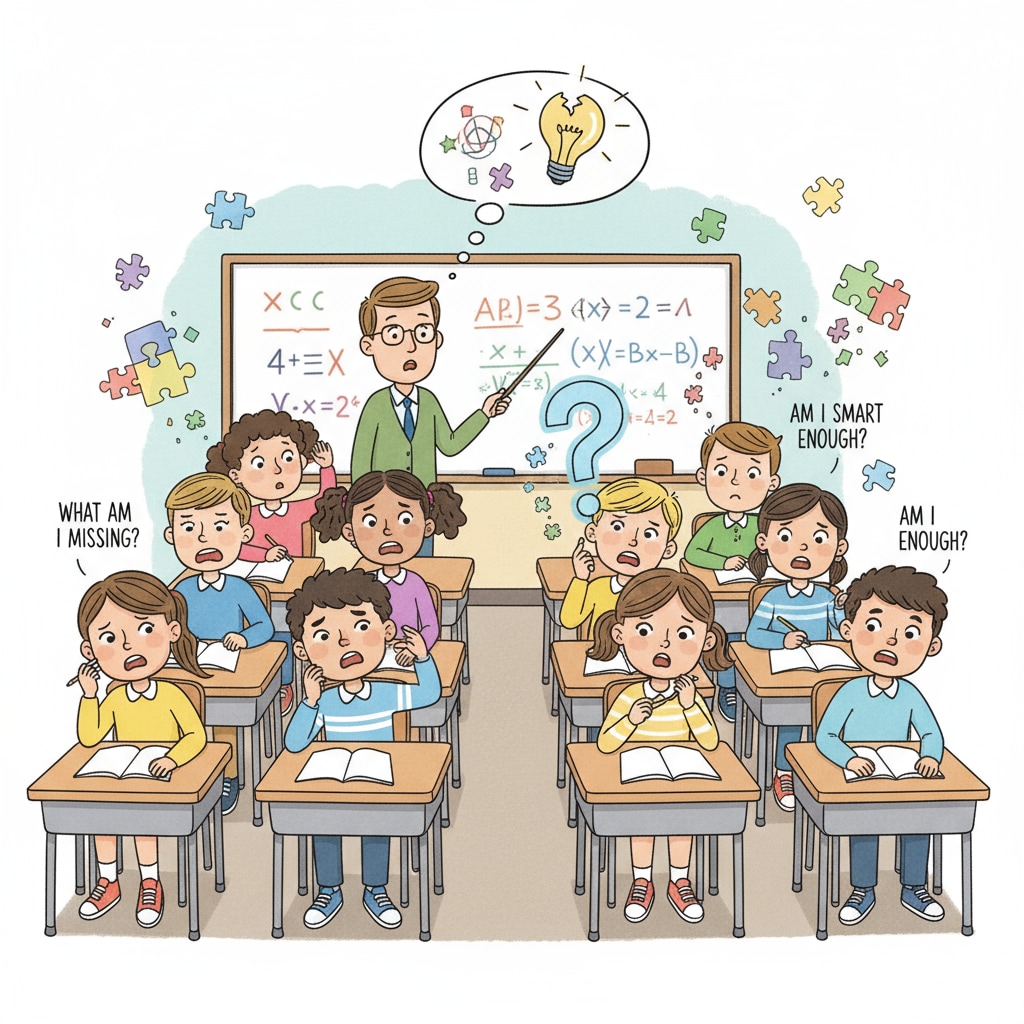 A group of K12 students sitting in a classroom, looking confused, which represents their state of learning puzzles and self-doubt about intelligence. K12 students showing signs of learning puzzles and self-doubt about intelligence