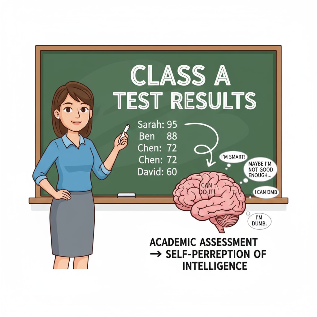 A teacher standing in front of a blackboard, writing test scores, indicating the influence of academic assessment on students' self-cognition related to intelligence. A teacher writing test scores, reflecting the impact on students' self-cognition regarding intelligence