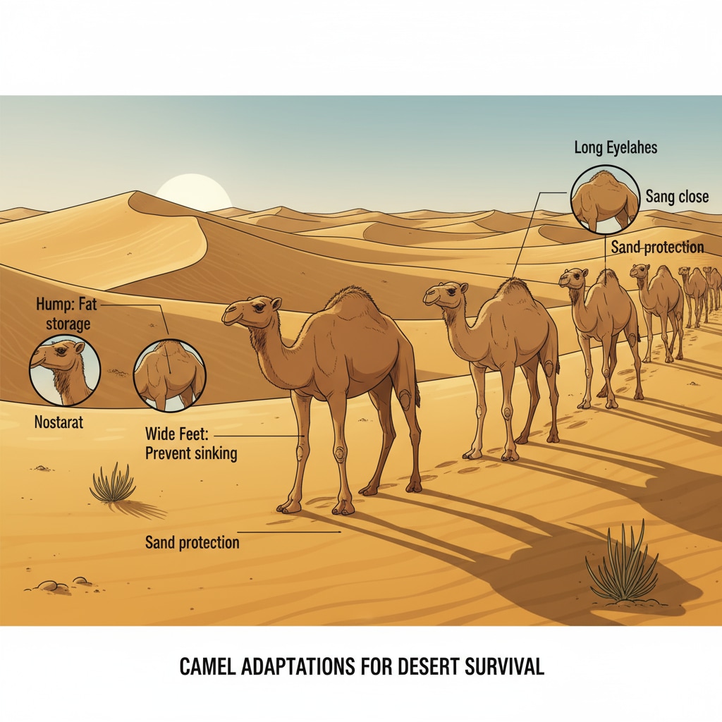 A group of camels are walking across the vast desert sand dunes. Camels are well-known desert animals with unique adaptations for survival. Camels demonstrating their survival adaptations in the desert