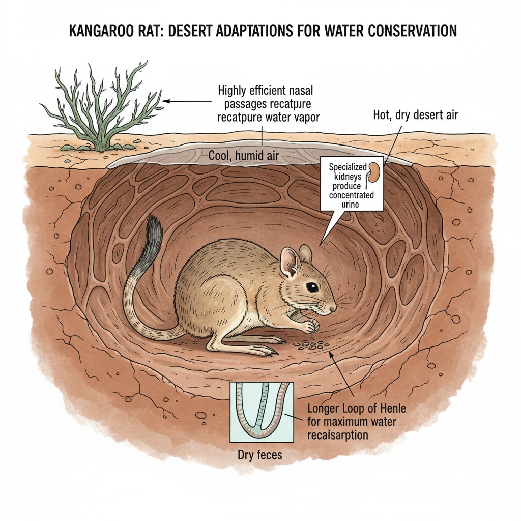 A kangaroo rat is shown in its desert burrow. The kangaroo rat has special adaptations for conserving water in the arid desert environment. Kangaroo rat in its burrow showcasing its desert survival adaptations