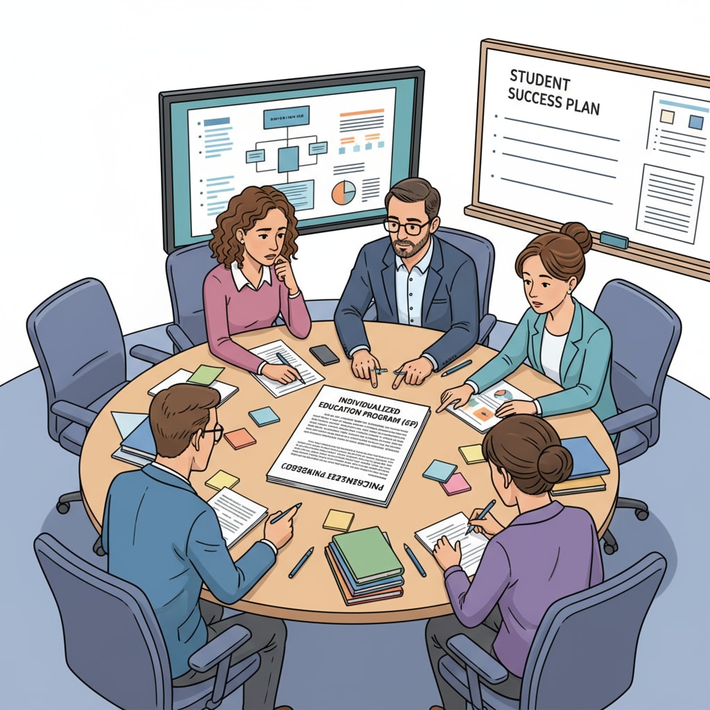 A group of special education teachers are gathered around a table, discussing an IEP document. They are pointing at the document and having a serious conversation, showing their efforts to understand the complex information. Special education teachers facing reading comprehension difficulties while discussing an IEP document