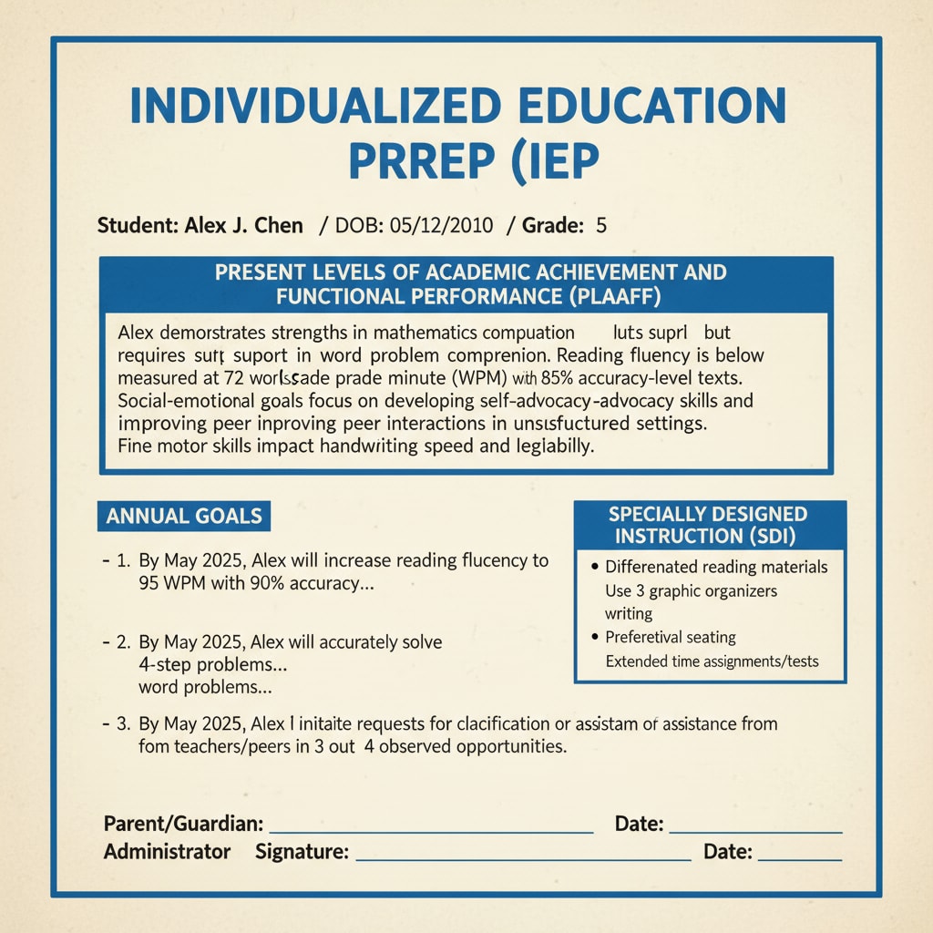 A close-up of a page from an IEP document. The page is filled with text, including educational jargon and detailed information about a student's educational plan. An IEP document page demonstrating complex language and detailed information that causes reading comprehension difficulties