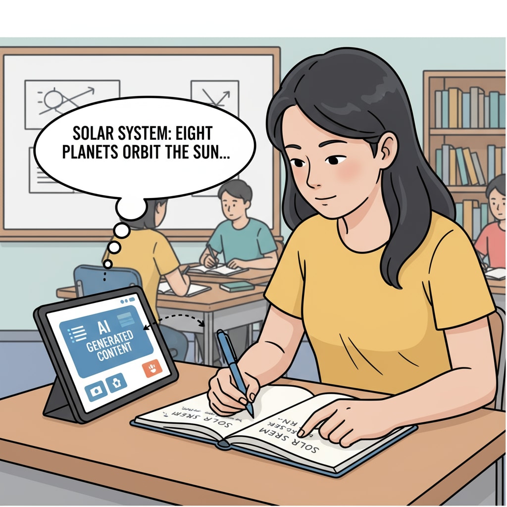 A student is engaged in the act of writing down content that was generated by an AI tool, highlighting the practice of manual input in the context of AI use in education. A student manually transcribing AI-generated content