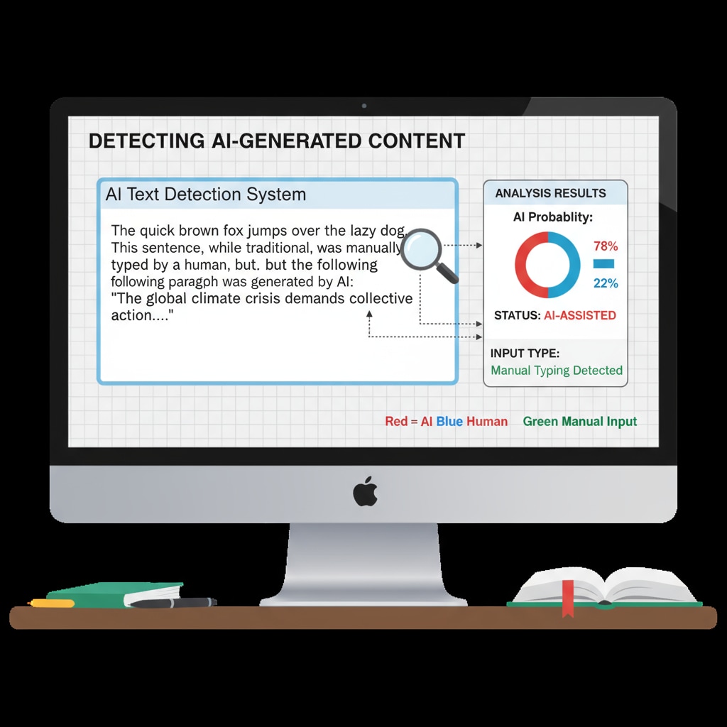 A computer screen displays an AI detection system analyzing a text sample, indicating the technological efforts to identify AI-generated content, even if manually input. An AI detection system analyzing text for signs of AI generation