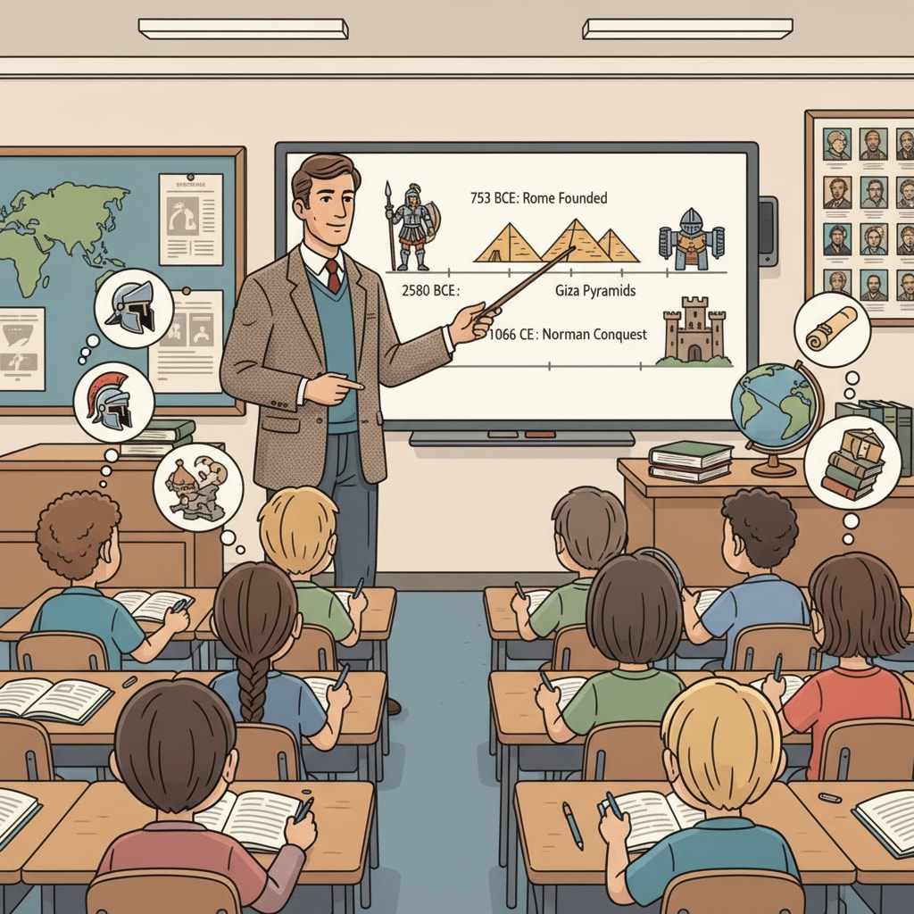 Students are listening to a history teacher explaining historical events in a classroom. The teacher is using visual aids to make the lesson more engaging. Students learning history in a classroom related to educational major, history teacher, career planning