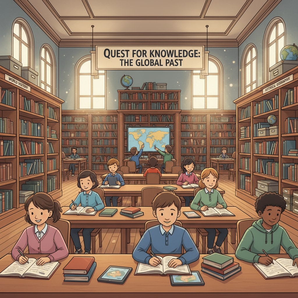 A library filled with various history books and educational materials. Students are sitting at desks, studying and researching. A library with resources for history education relevant to educational major, history teacher, career planning