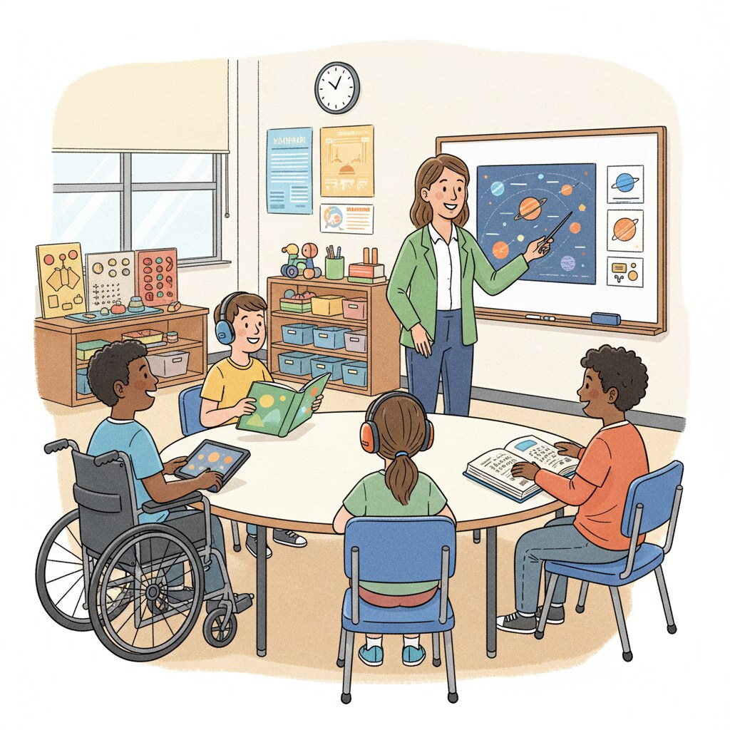 A group of students with disabilities in a special education classroom, looking at the teacher attentively. Students with disabilities in a special education classroom during the government shutdown and OSERS staff cuts situation