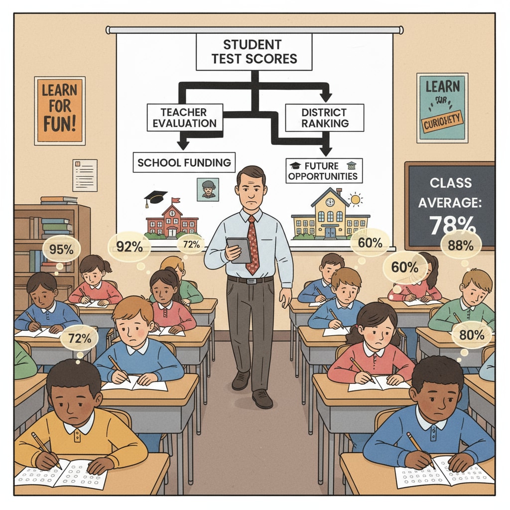 A classroom scene where students are taking a test, which shows the significance of test scores in the current public education evaluation system. Students taking a test in a public school, related to education funds, test scores, and public schools