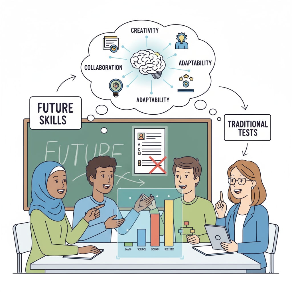 A group of students engaged in a discussion, highlighting the importance of skills not fully measured by the current evaluation model. Students discussing a problem in a public school, associated with education funds, test scores, and public schools