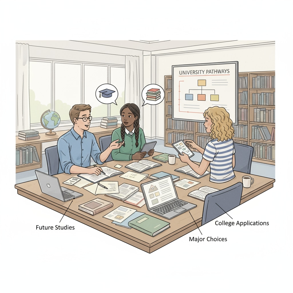 High school graduates are engaged in a discussion about their academic plans, with books and papers spread out on the table, showing their serious attitude towards future study. High school graduates discussing academic plans for college and career development