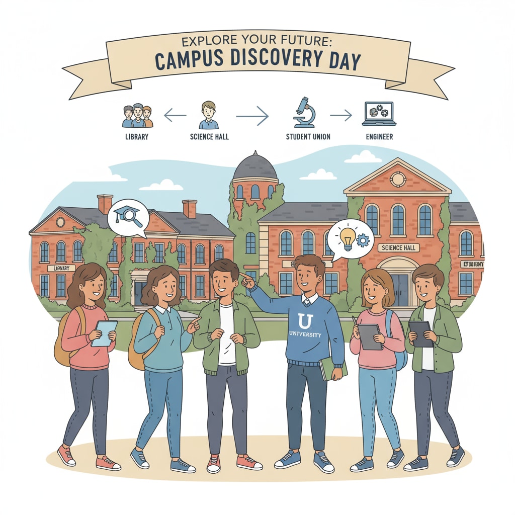 Students are walking around a college campus, looking at the buildings, talking to current students, and showing great interest in the college environment for their future college and career development. Students exploring a college campus for college and career development considerations