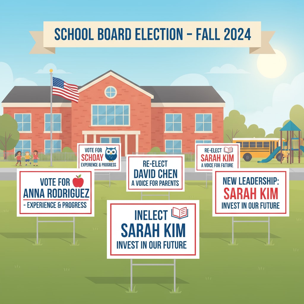 A view of different campaign signs placed neatly in a schoolyard, representing the start of a school board election. Campaign signs in a schoolyard during a school board election
