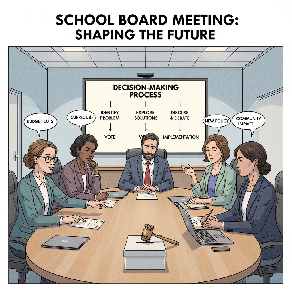 A group of people sitting around a table, engaged in a serious discussion during a school board meeting, symbolizing the decision-making process. People discussing during a school board meeting
