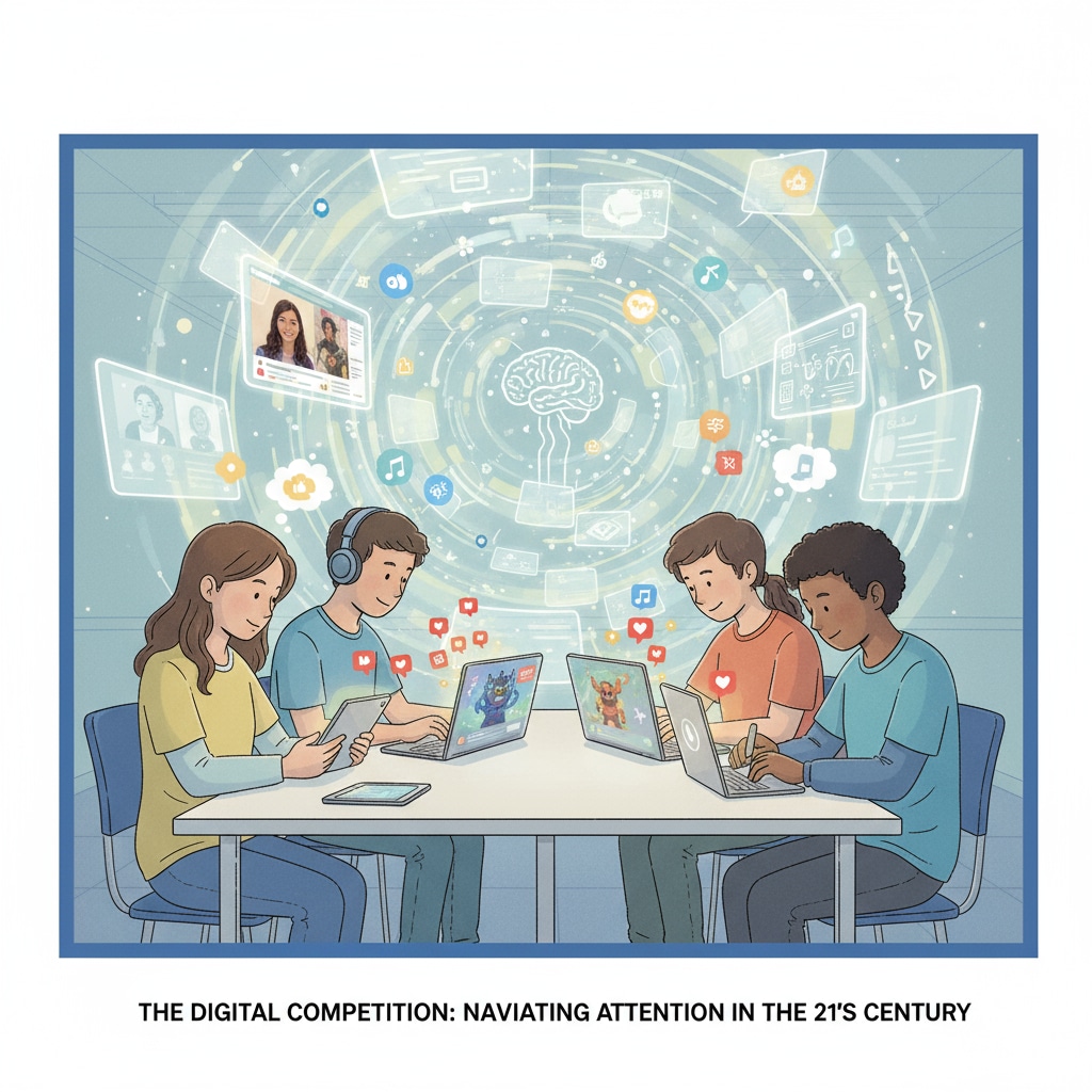 Students are shown surrounded by multiple digital devices such as smartphones, tablets, and laptops. The screens display various apps like social media apps with notifications, gaming apps with colorful graphics, and video - streaming apps. This depicts the digital environment that is constantly vying for their attention. K12 students in an attention - capturing digital environment related to attention economy, information desert, and tech manipulation