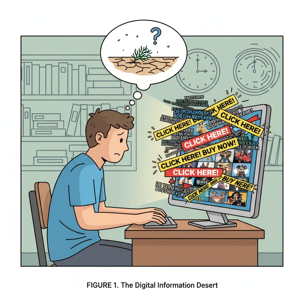 A student is sitting at a desk in front of a computer. The computer screen is filled with a chaotic mix of random text, flashing ads, and short - form video thumbnails. There are no clear patterns or valuable information visible, representing an information desert. A student facing an information desert due to tech manipulation in the context of attention economy