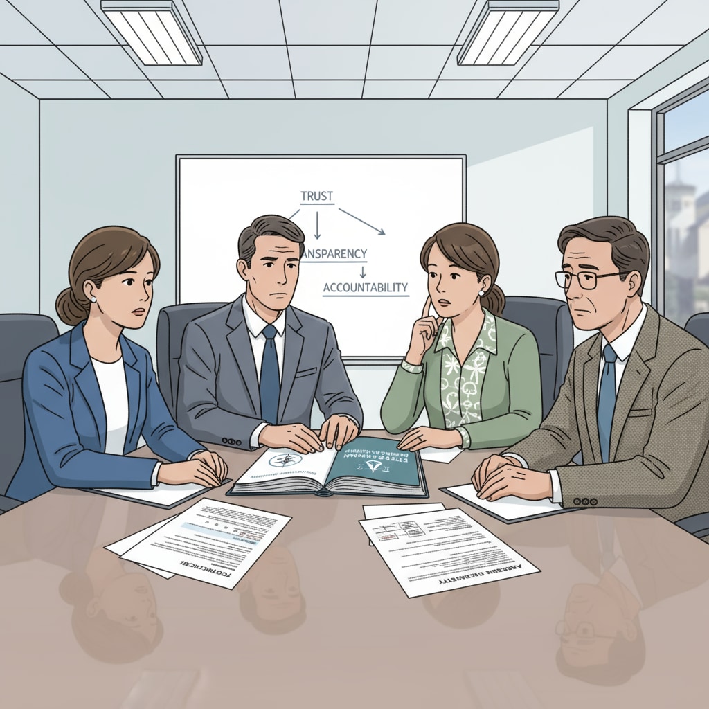 A group of educational administrators sitting around a table, engaged in a serious discussion about ethical issues in educational management. Educational administrators discussing ethical dilemmas and decision-making in educational management