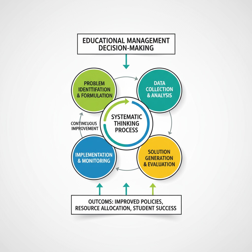 A visual diagram with arrows and circles, showing the process of systematic thinking in the context of educational management decision-making. Systematic thinking diagram for educational management decision-making
