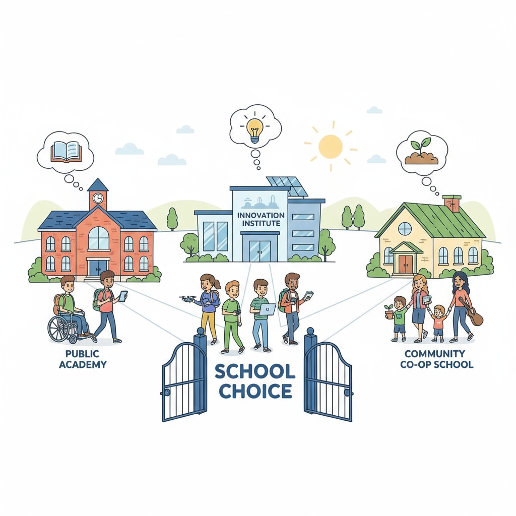 The image shows students walking into different schools, which visually represents the concept of school choice as students have the option to attend various educational institutions. Students exercising school choice by entering different schools, highlighting the concept within the context of school choice, political controversy, and education policy