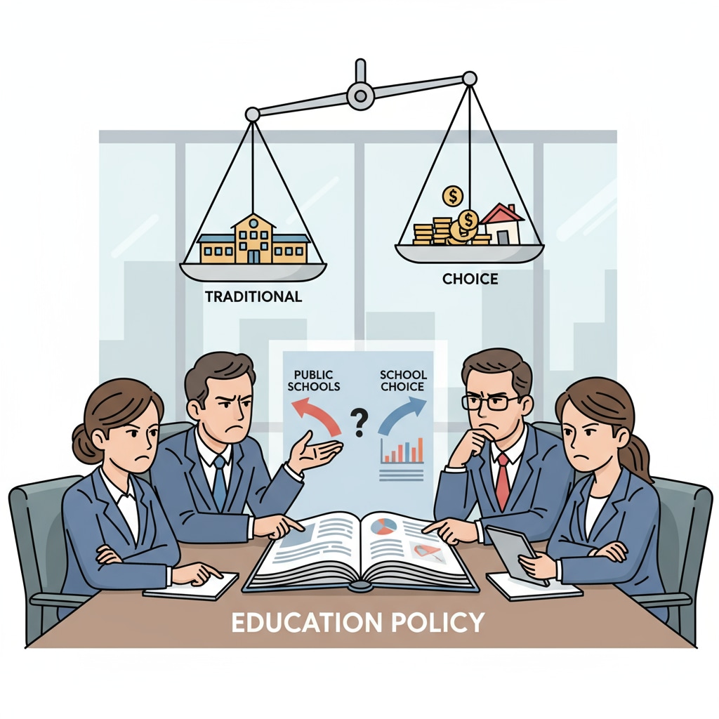 A group of people are engaged in a discussion about education policy, with serious expressions on their faces, symbolizing the political controversy surrounding school choice policies. People discussing education policy, representing the political controversy within the framework of school choice, political controversy, and education policy