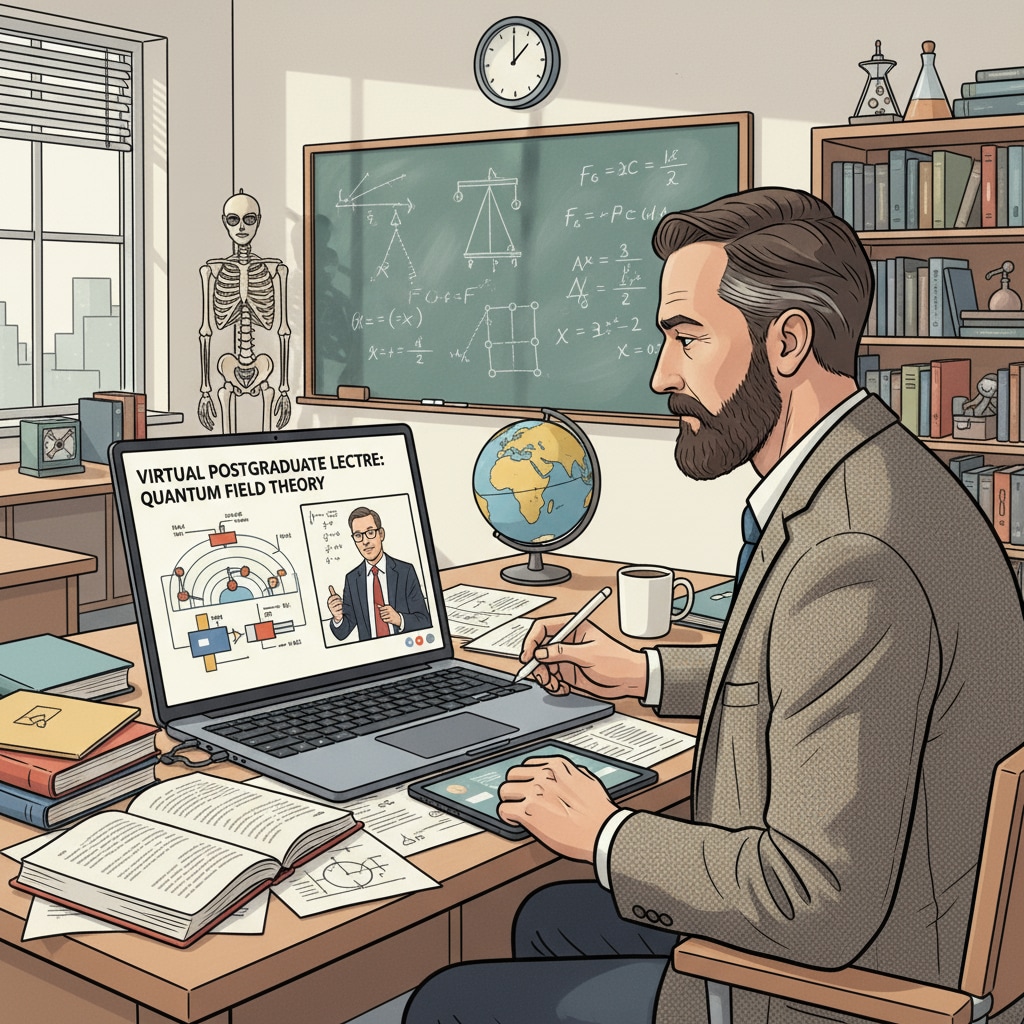 An in-service physics teacher is attentively attending a virtual postgraduate lecture, with a laptop showing course materials. An in-service physics teacher participating in a virtual postgraduate course