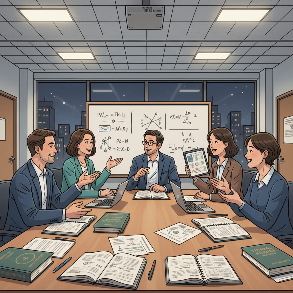 A group of in-service physics teachers are engaged in a lively discussion during an evening postgraduate class, with textbooks and notebooks on the table. In-service physics teachers having a discussion in an evening postgraduate class