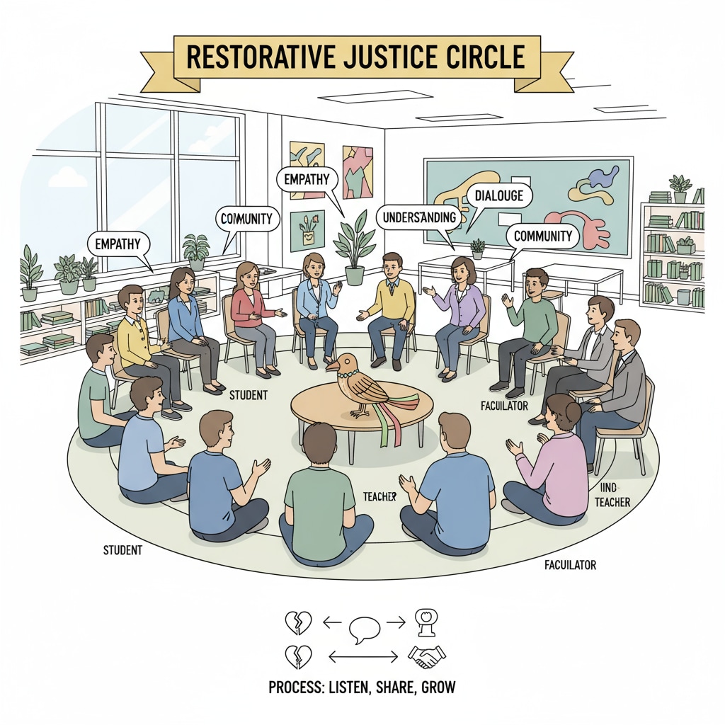 A group of students and teachers are sitting in a circle, having a discussion related to restorative justice, with an open and inclusive atmosphere. Students and teachers engaged in restorative justice discussion in a school setting