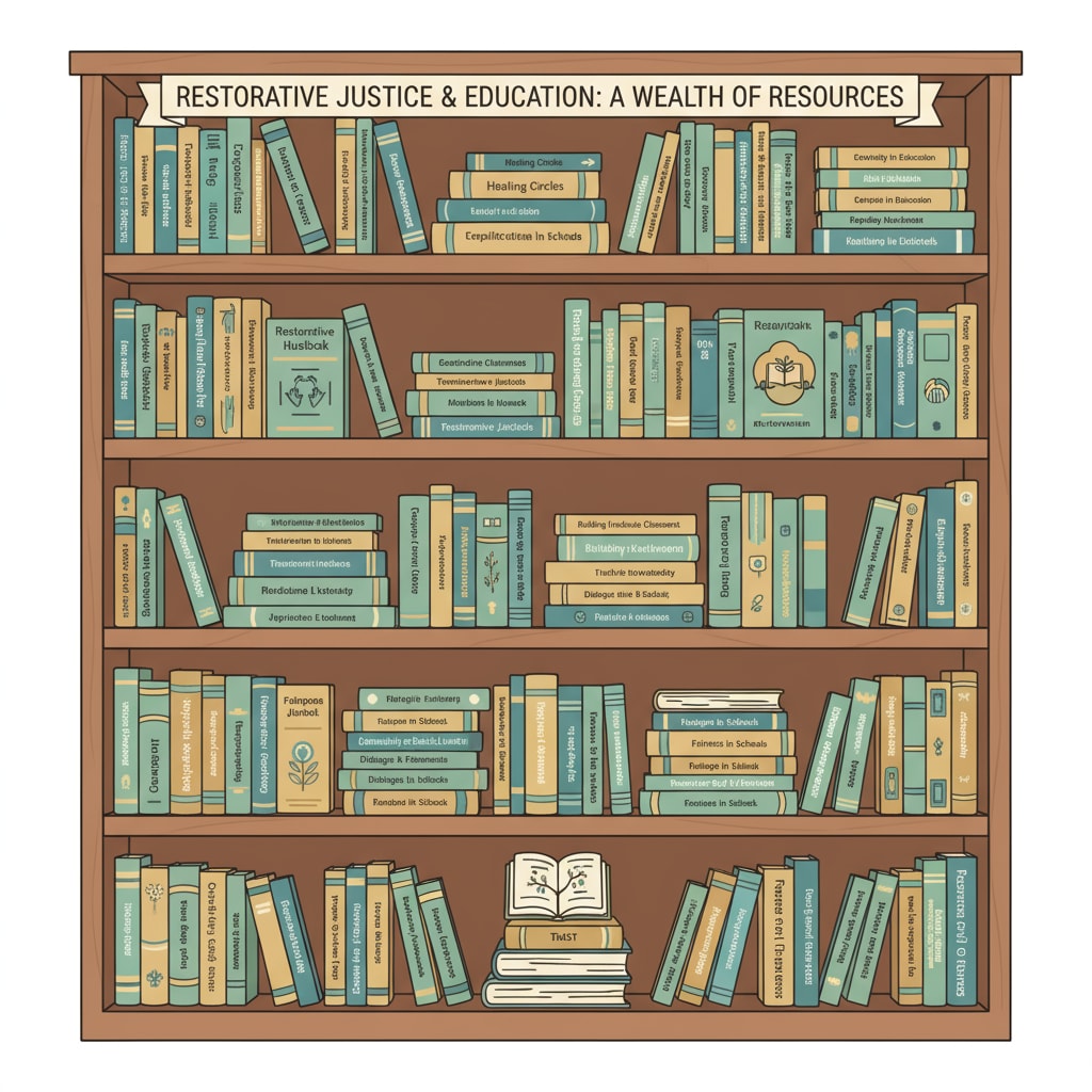 A bookshelf filled with various books on restorative justice and education, indicating the availability of resources. Bookshelf with resources on restorative justice and education