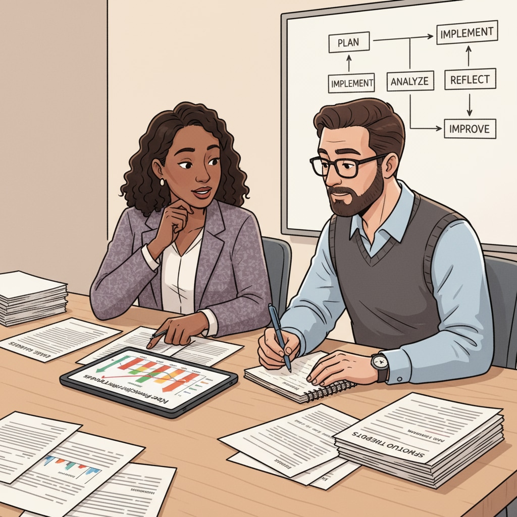 Two educators are engaged in a discussion, looking at research data and evaluation reports related to K12 education. One is pointing at a graph while the other is taking notes, indicating their collaborative effort in understanding and improving the educational situation. Educators discussing research and evaluation in K12 education to address inequality