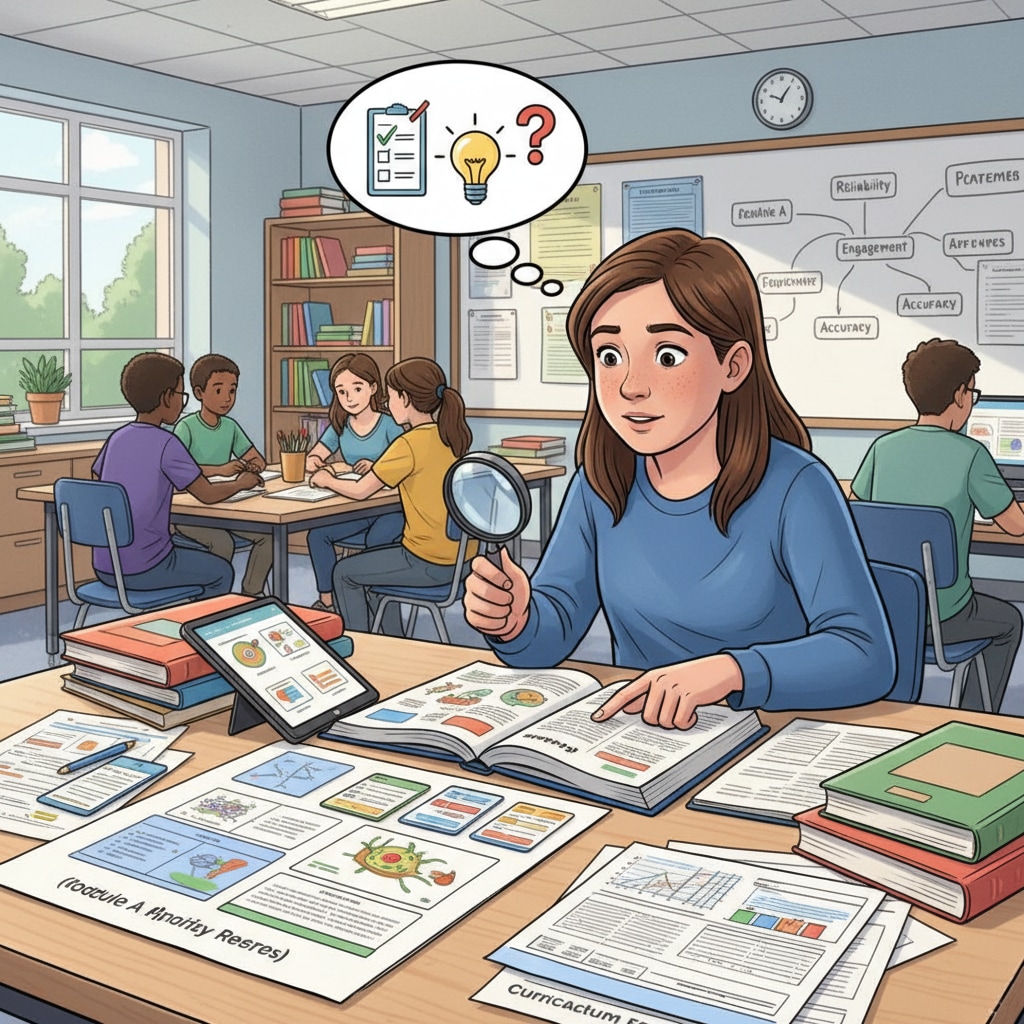 A student is carefully examining different teaching materials during a research project in a K12 classroom. The student is comparing the content and design of the materials, which is related to the evaluation of educational resources. Student conducting research on teaching materials in K12 education for evaluation and to reduce inequality