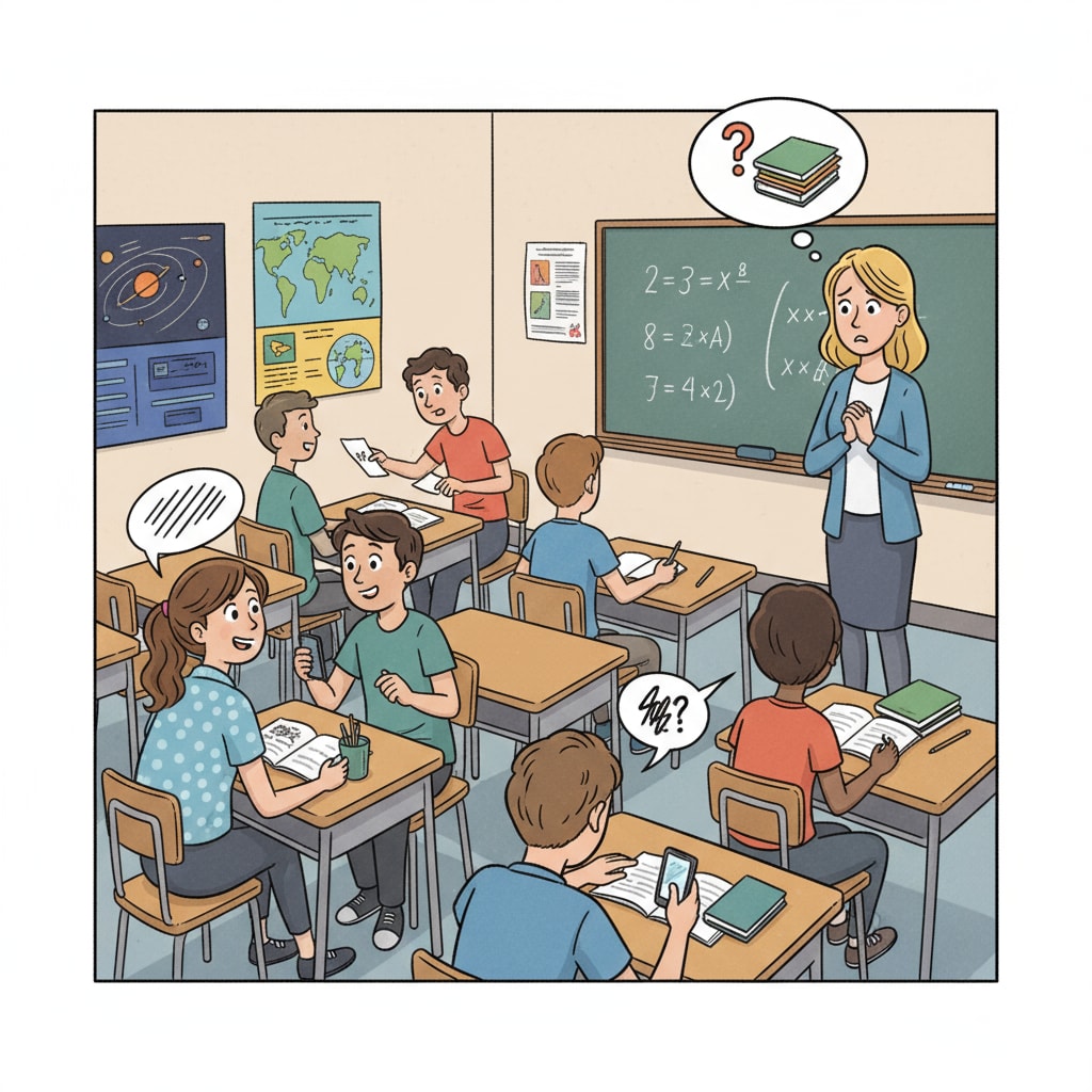 A classroom scene shows students talking, some not paying attention, and the teacher looking concerned. A classroom with students showing behavioral issues affecting learning opportunities
