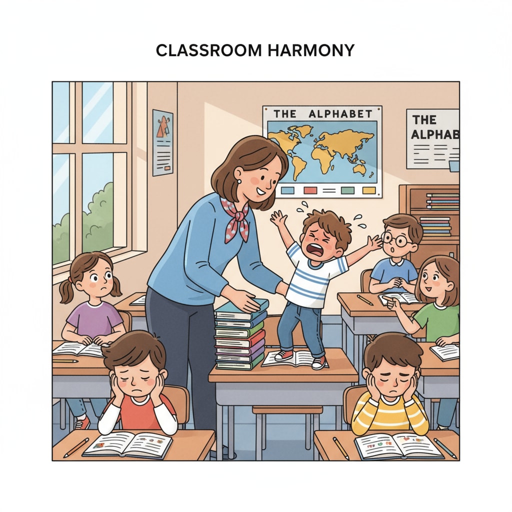 A teacher is standing in front of a class, trying to calm down a disruptive student while other students watch. Teacher managing behavioral problems in a class to ensure learning opportunities