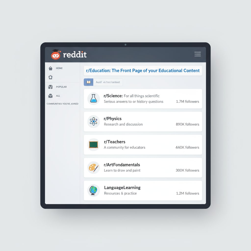 A screenshot of the main Reddit education page which displays various educational subreddits listed. Screenshot of Reddit's education page showing different educational subreddits related to community rules, submission guidelines