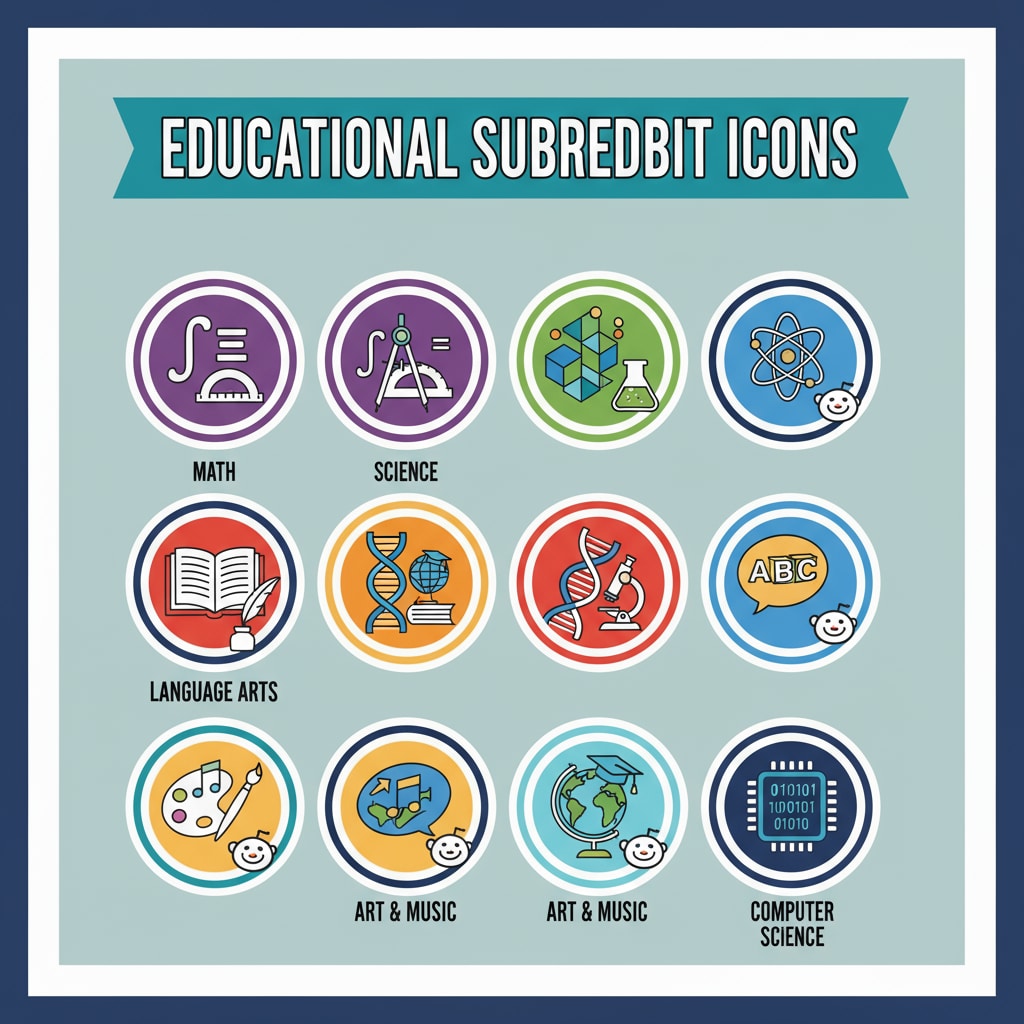 A collage that includes icons of different educational subreddits like math, science, and language arts subreddits. Collage of educational subreddit icons representing different subject areas and following community rules
