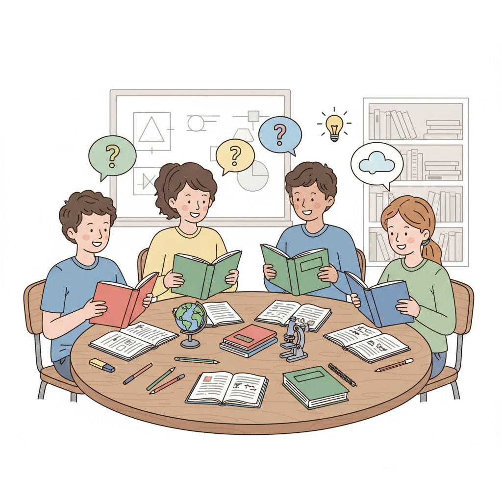 A group of students are sitting around a table, looking at textbooks and having a discussion. There are notebooks and pens on the table. Students engaged in a traditional textbook-based discussion in a learning environment