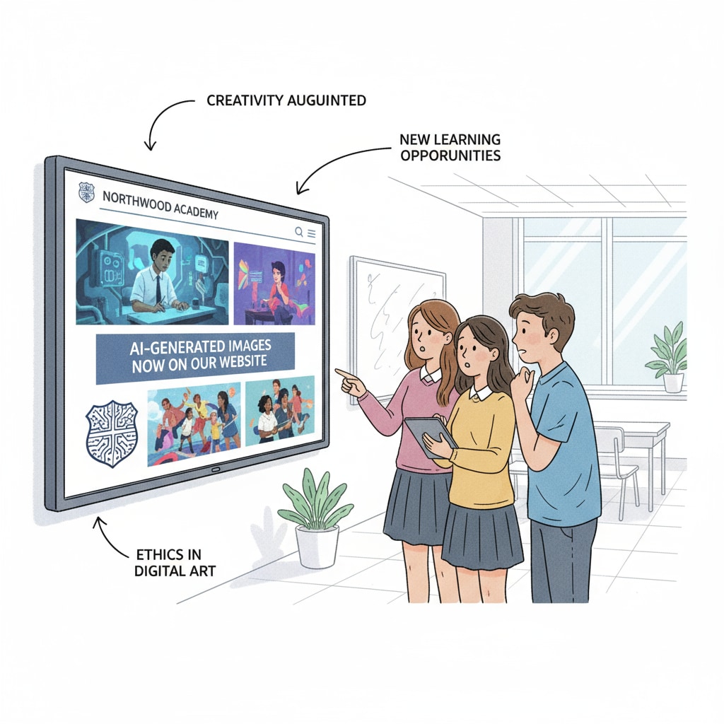 Students looking at a high school website with AI-generated images, representing the impact on students in the educational setting Students viewing high school website with AI-generated images and its educational impact