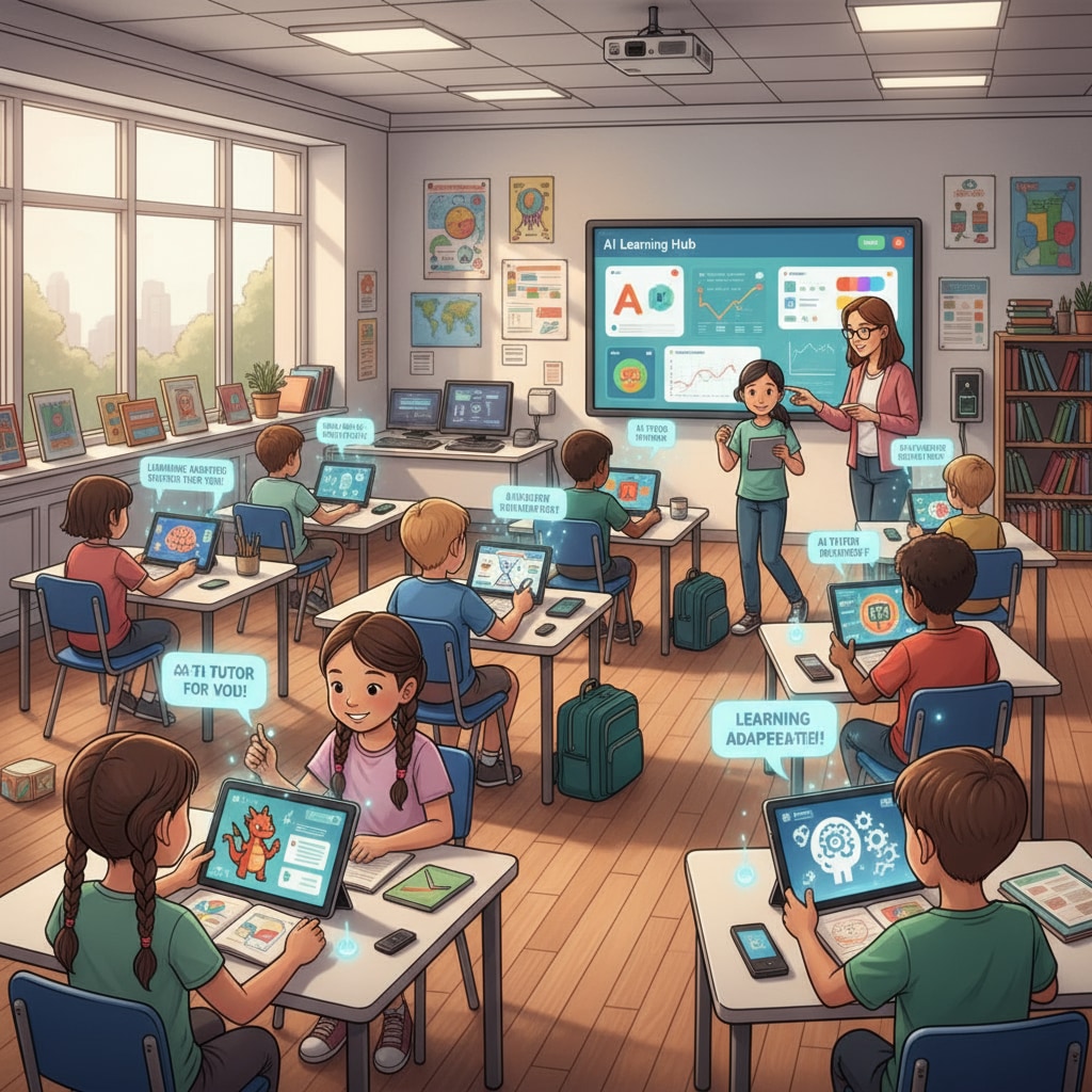 A classroom scene where students are using AI-based learning tools on their tablets. Students using artificial intelligence learning tools in an educational setting