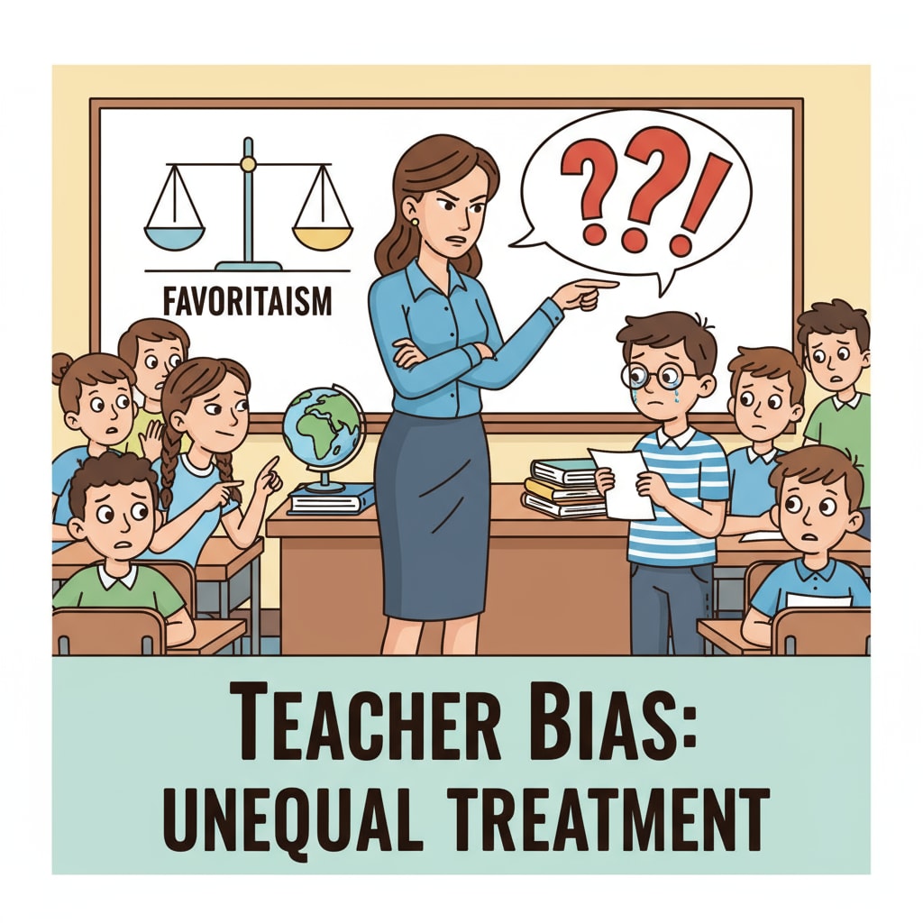 A classroom scene where a teacher is unfairly scolding a student, highlighting the issue of teacher bias. A classroom scenario depicting teacher bias and unfair treatment of a student.