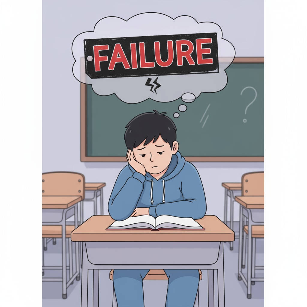 A sad student sitting alone at a desk with a thought bubble containing a negative label, showing the impact of negative labeling. A student affected by negative labeling, looking dejected at a desk.