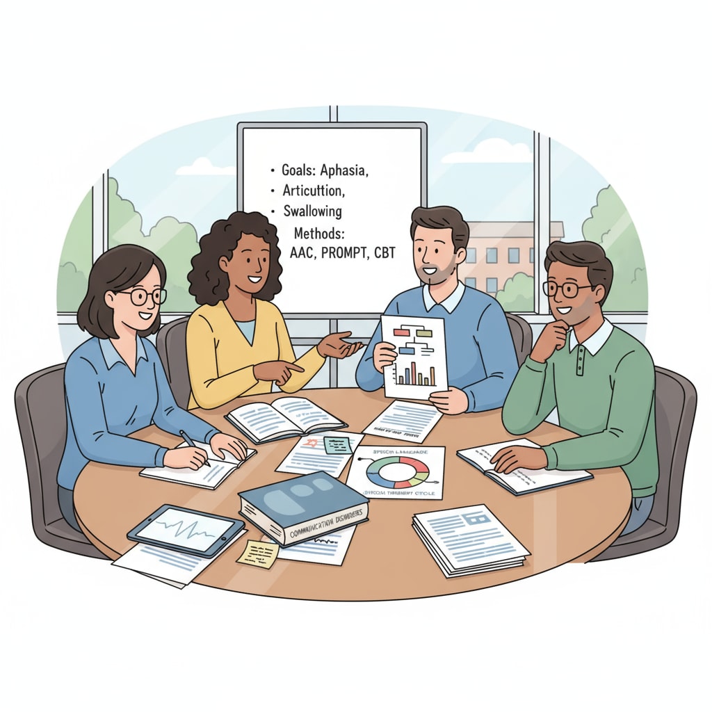 A group of speech-language pathologists are engaged in a discussion about their work, with documents and charts on the table. Speech-language pathologists discussing their professional roles and the need for title correction