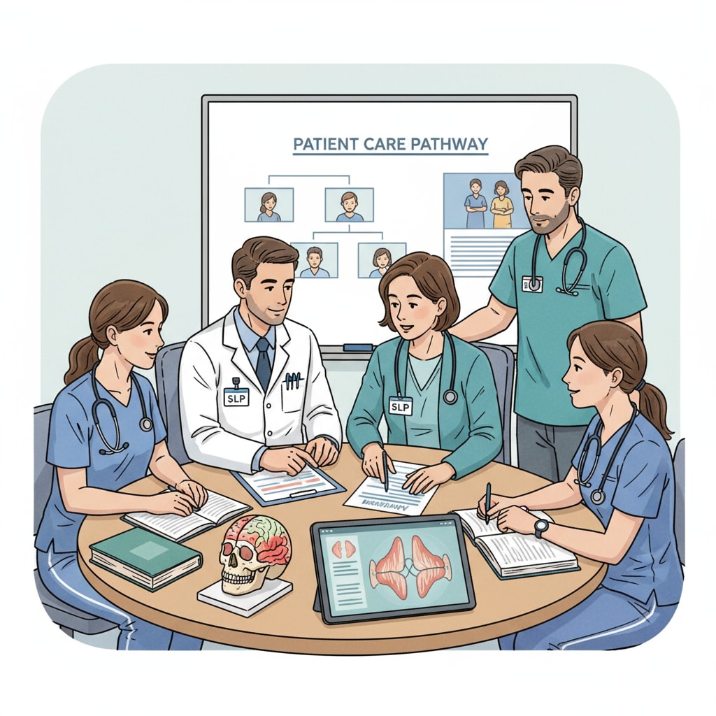 Speech-language pathologists are seen collaborating with other medical staff, examining a patient's records together. Speech-language pathologists collaborating with others to address the issue of title misunderstanding and improve patient care